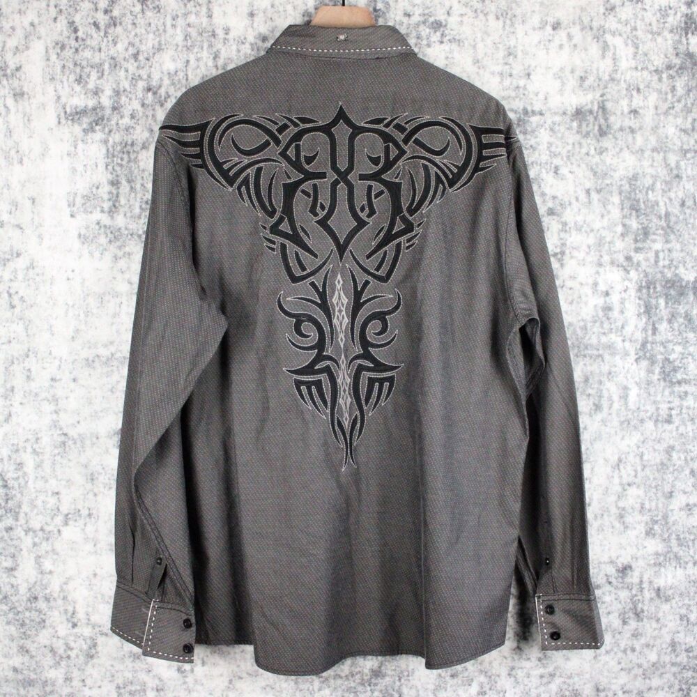 Roar Button Down Shirt Mens 2XL Gray Signature Embroidered Tribal Long Sleeve